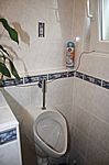 Diskret hinter der Abmauerung: das Urinal im EG